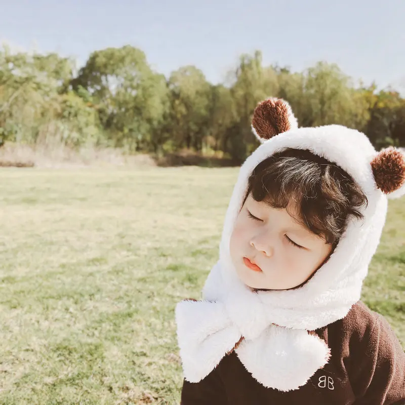 

Cartoon Baby Fleece Short Plush Hooded Scarf Kid Hat And Scarf Child Winter Warm Protection Ear Hat Girl Boy Cute Pom Pom Cap