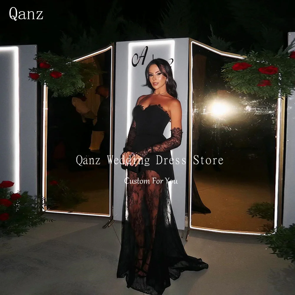 Qanz Black Evening Dresses Lace Appliques Swetheart Wedding Guest Dresses Classy Backless Long Robes De Soirée Customized