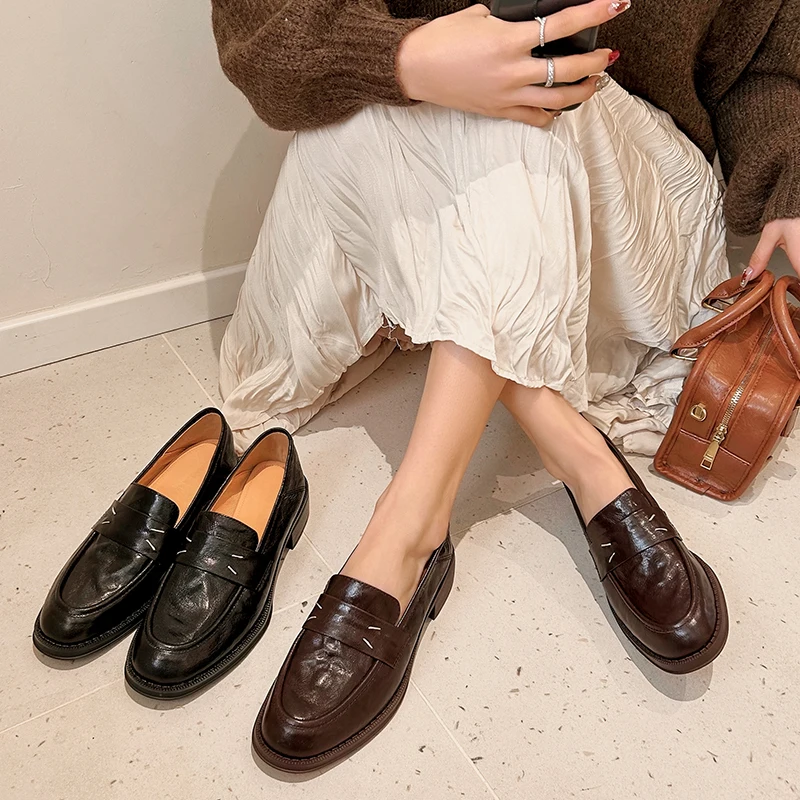 Real Leather Women Loafers Shoes Casual Platform Mid Thick Heels Woman Pumps Shoes Ins Spring New Office Lady Daily Size 34-40