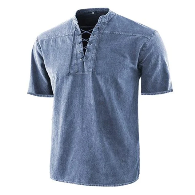 

2023 Spring Summer Fashion Solid Shirts Men Drawstring Tie-up Stand Collar Loose Tops Streetwear Mens Clothes Short Sleeve Tees