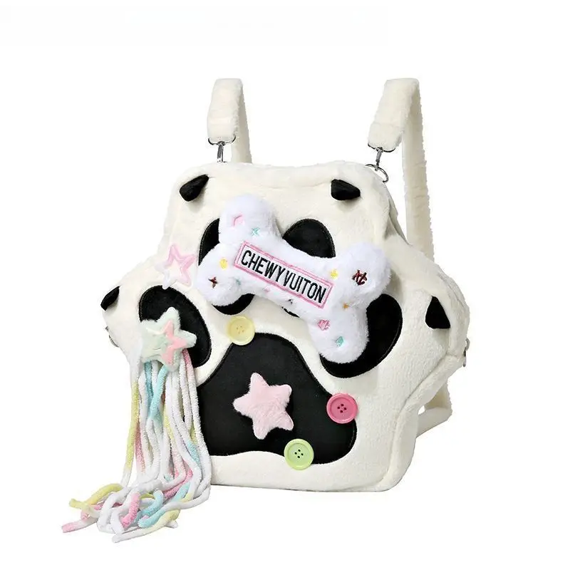 Kawaii Plush Backpack for Women Y2K Hexagon Shape Cow Print Soft Material Casual Outing Travel Rucksack