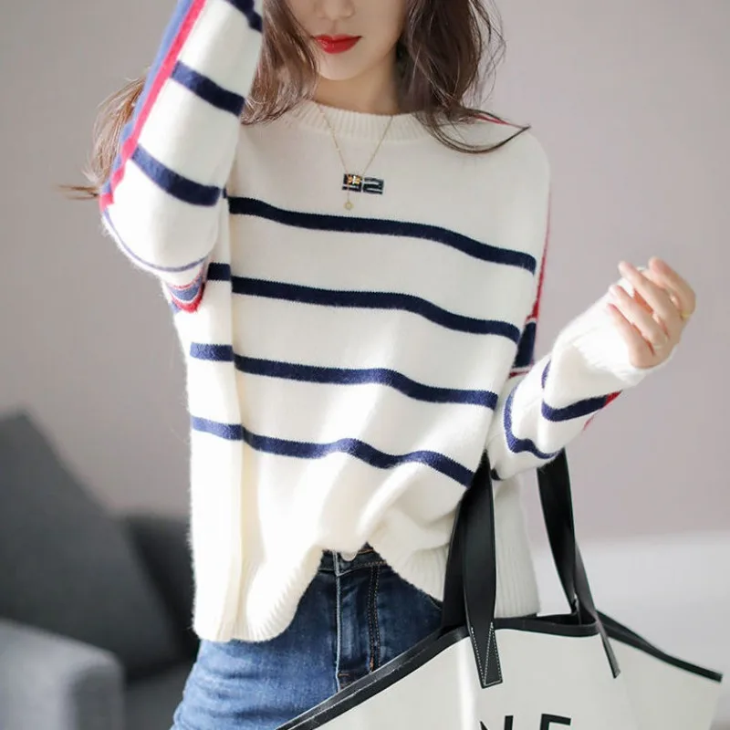 

Long Sleeve Spring Striped Sweater Women's 2023 New knitted Bottoming Shirt Autumn Sweater Loose Outer Wear Lazy Top Women