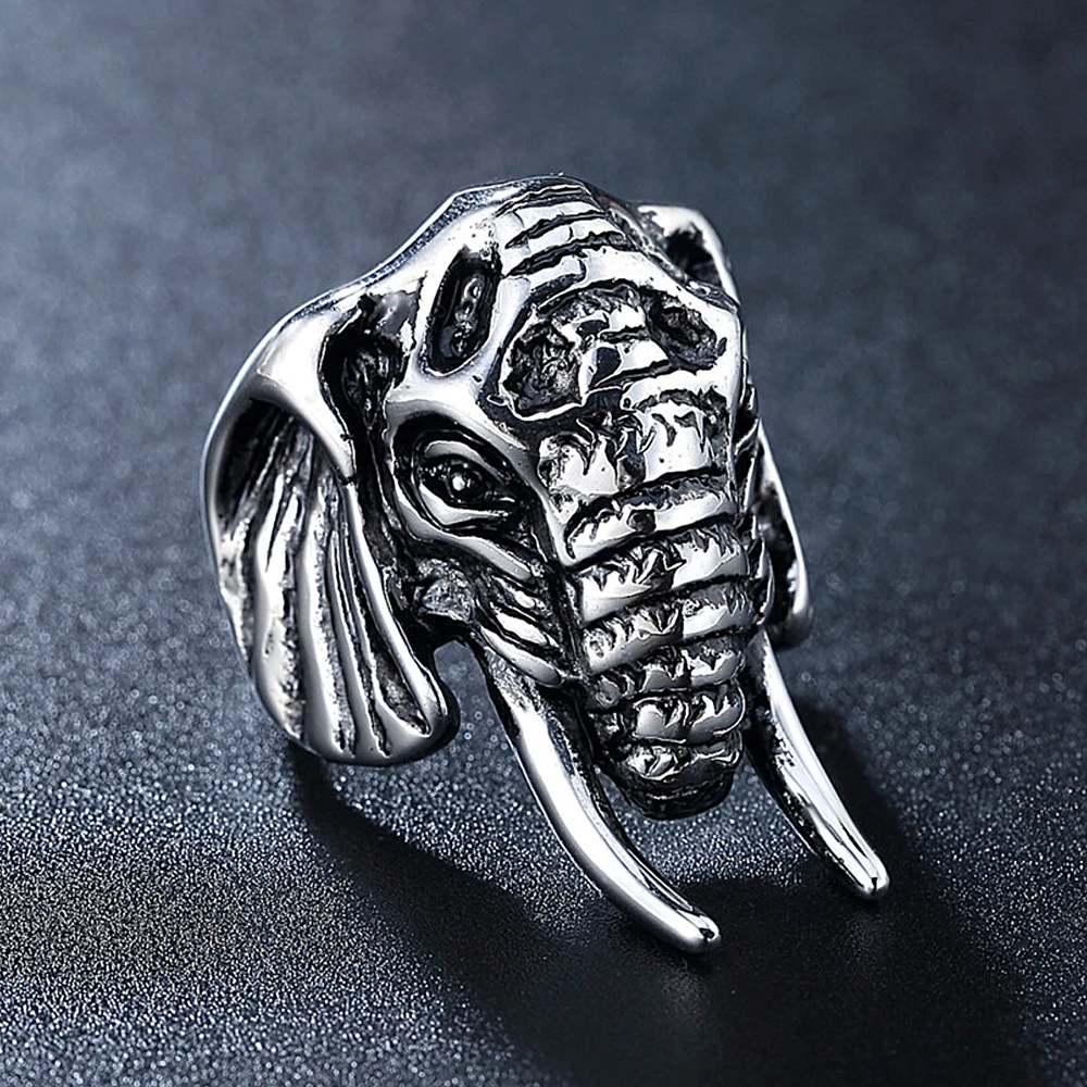 Unique Vintage Stainless Steel Elephant Ring Mens Punk