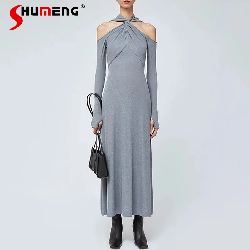

Unique Design Sexy Off-the-Shoulder Slim Knit Dresses Autumn New Unique Cross Twist Dress Women's Clothing Floor-length Vestidos