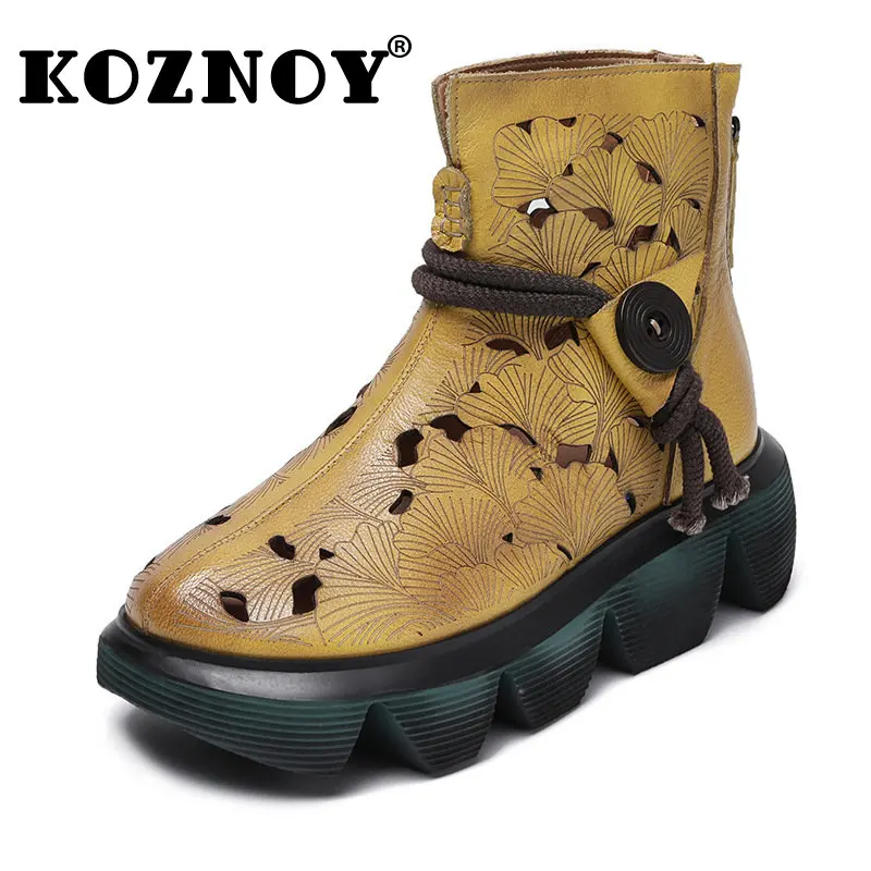 

Koznoy 6cm New In Women's Boots Authentic Platform Wedge Ankle ZIP Elegances Luxury Genuine Leather Summer Hollow Ladies Shoes