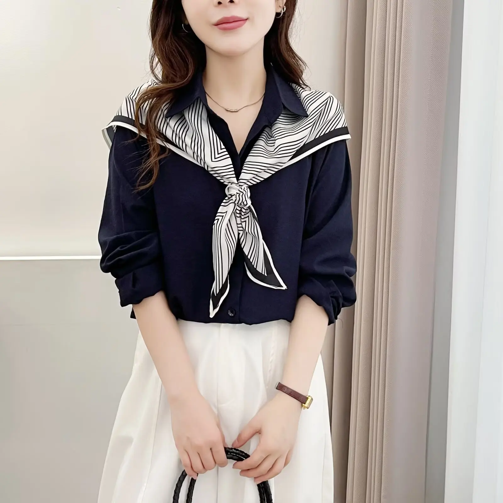 Fashion Plus Size Women's Blouses New Autumn Stylish Long Sleeve Shirt And Silk Scarf 2553