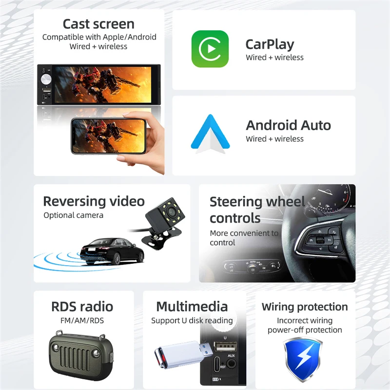 1 Din Car Radio Wireless CarPlay Android-Auto Bluetooth RDS FM USB Aux IPS Screen 6.36" Touch Screen Head Unit F6031W