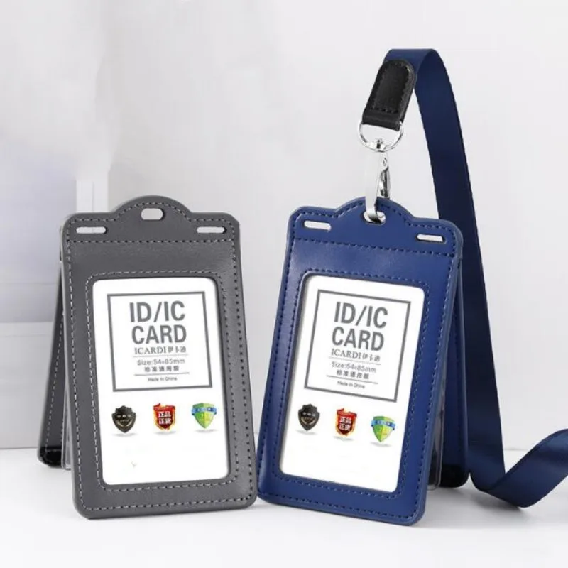 New Genuine Leather ID Card Sleeve Work Card Double Head Buckle Chest Card Rope Hanging Factory Card Sleeve