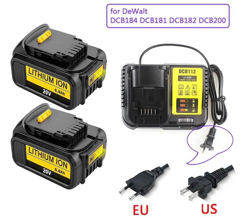 2022 New 18V 6.0Ah MAX XR 18650 Battery Power Tool Replacement for DeWalt DCB184 DCB181 DCB182 DCB200 20V 6A 18v Battery+Charger |