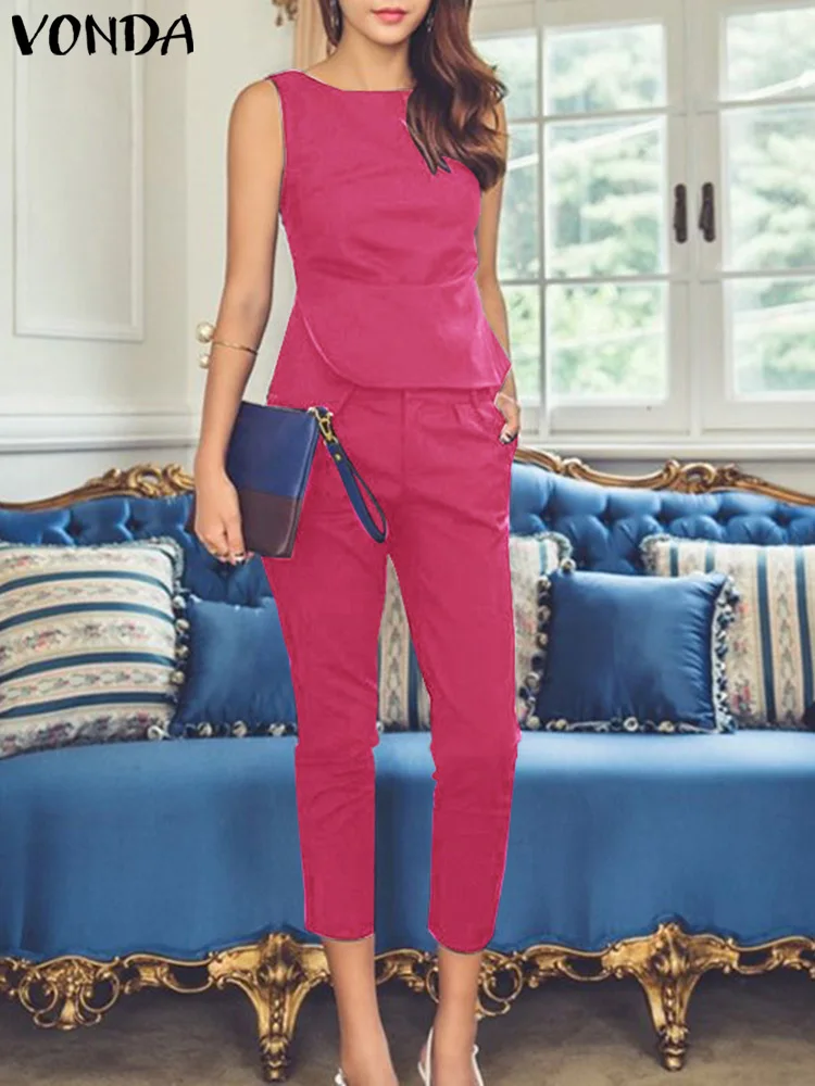

Офисный офисный комплект VONDA 2024, женские элегантные Брючные комплекты, летние сексуальные однотонные топы без рукавов и брюки, повседневные свободные костюмы большого размера