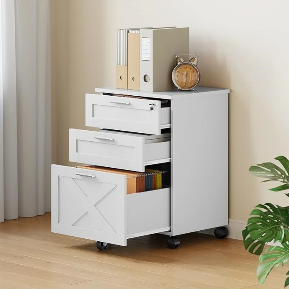 3-Schubladen-Aktenschrank mit Schloss, Weißer Holz-Aktenschrank, Mobiler Unter-Schreibtisch-Rollschrank für Zuhause und Büro – Detail 12