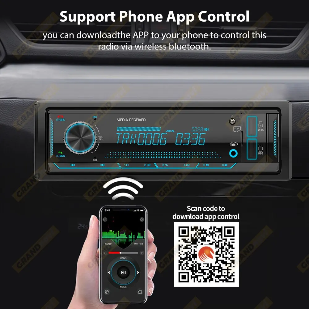 Car Radio Grandnavi 1 Din MP3 Car Radio Audio Stereo FM Aux Input Receiver SD TF USB 12V In-dash Bluetooth Multimedia Auto Radio Player