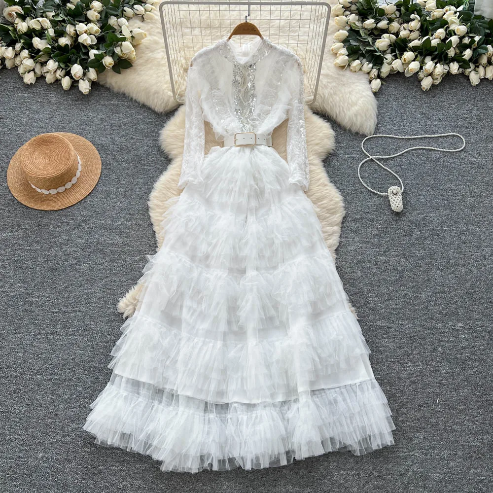 Elegant Embroidered Sequins Long Dresses Autumn Women Layer Ruffles Cake Full Sleeve Evening Party Vestidos Mesh Tulle Long Robe