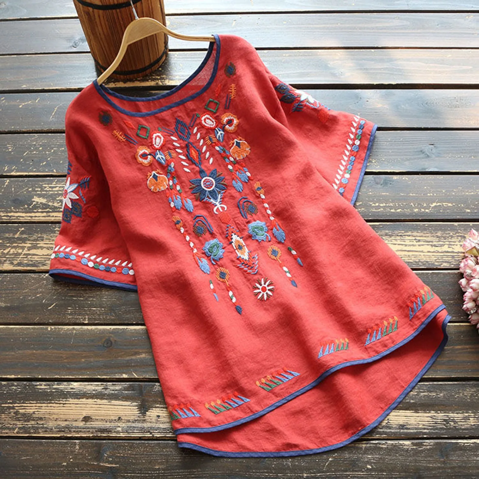 Luxury Embroidery Floral Tees Women Chinese Style Classic Loose Shirts Casual Vintage O Neck Short Sleeve Summer Blouse Tops