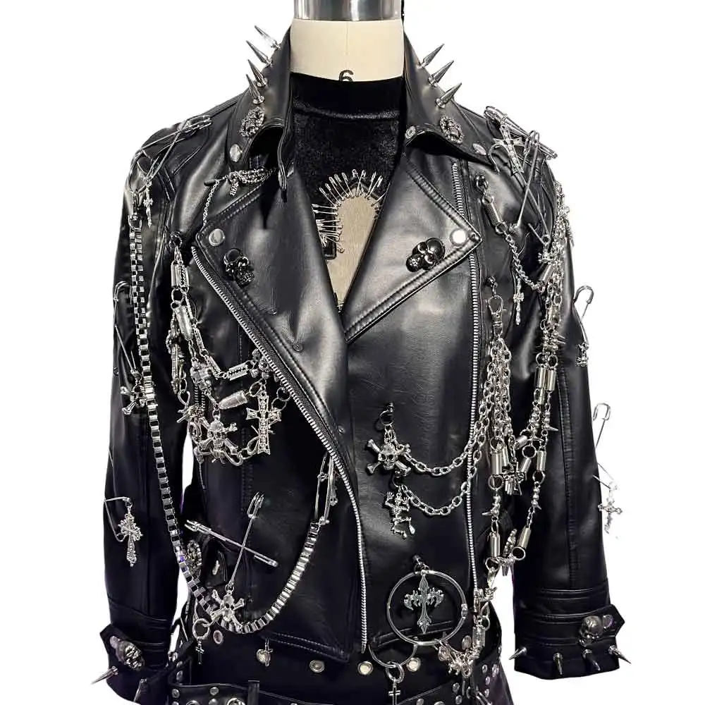 Chain Goth Grunge Y2K Vegan Leather Jacket Harajuku Emo DIY Hand