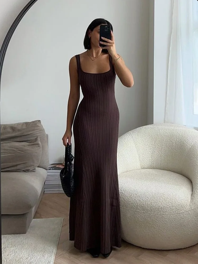 

Женское трикотажное Ребристое платье макси NHKDSASA с открытой спиной и круглым вырезом