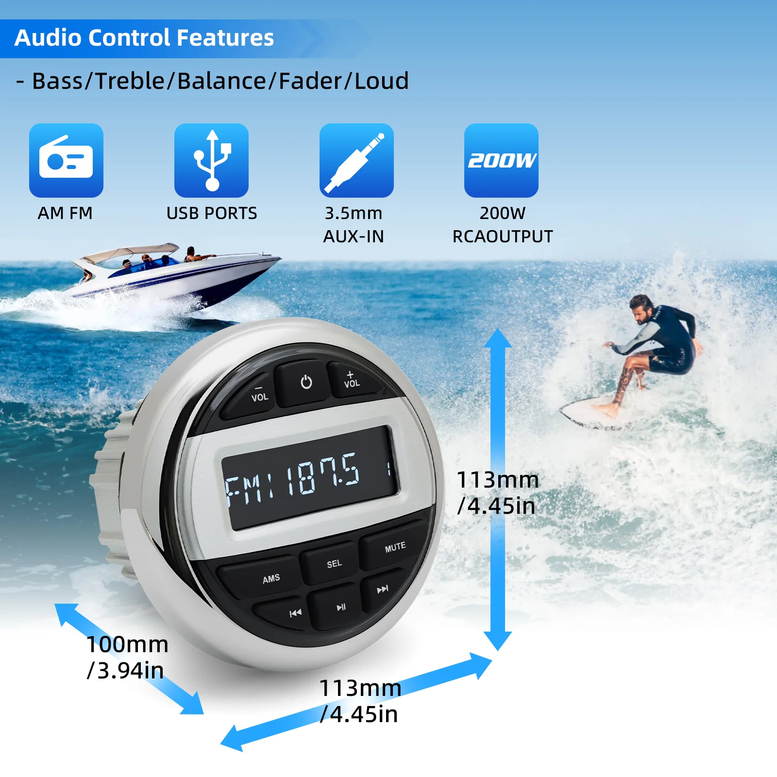 Boat Radio Media Player Marine Stereo MP3 Waterproof Bluetooth-compatible Audio