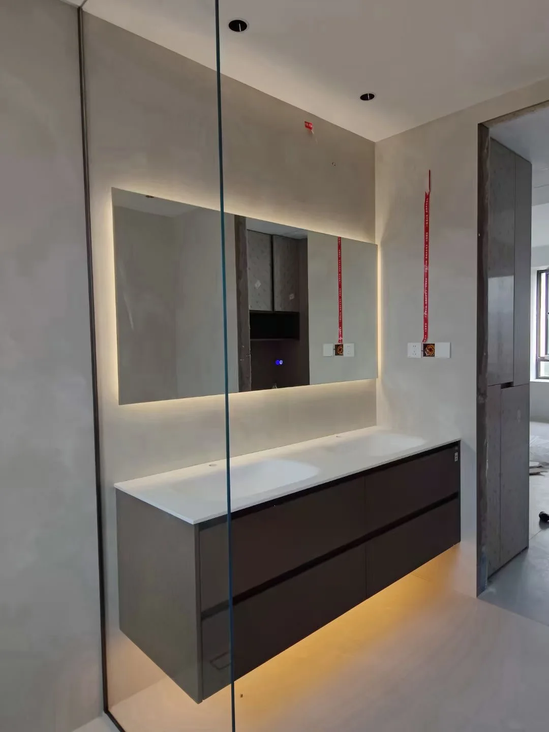 2000mm Bathroom Furniture Corian Basin Oka Wood Cabinet Light Mirror Custom-Made Comb Vanity 008A