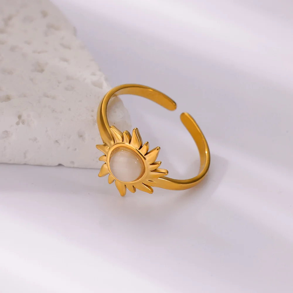 Fashion Opal Sun Rings Gold Color Stainless Steel Adjustable Ring