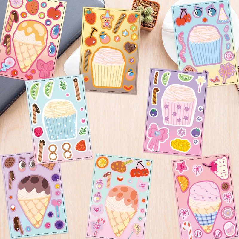 8/16/24 Blatt Eiscreme-Kuchen-DIY-Aufkleber „Make A Face“, Puzzle-Spielzeug, Kindergeburtstag, Gastgeschenke, Pinata-Füller, Geschenk für Gäste – Detail 6