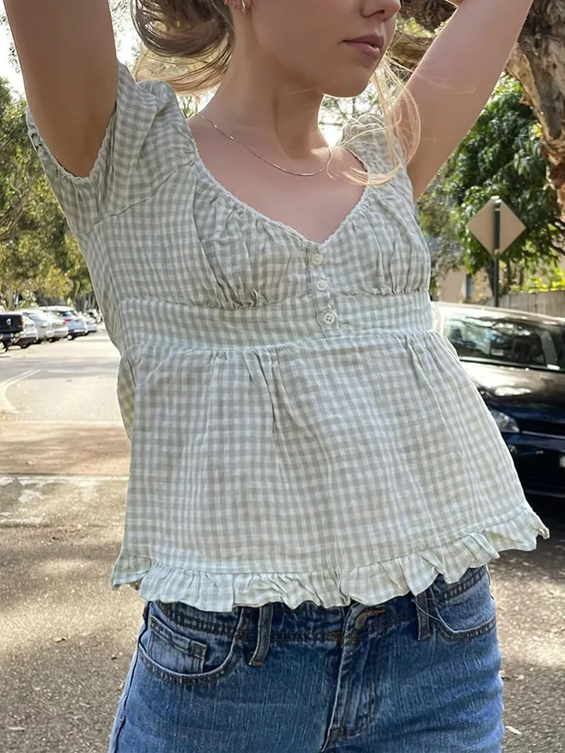 Crop Top Y2K Para Mujer - Manga Corta Con Encaje, Estilo Fairy Grunge Y Ajustado