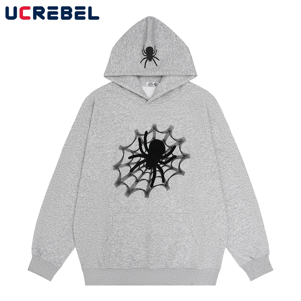 

Spider Web Print Hooded Sweatshirts Mens Streetwear Double-sided Printing Casual Autumn Long Sleeve Hoodies Men