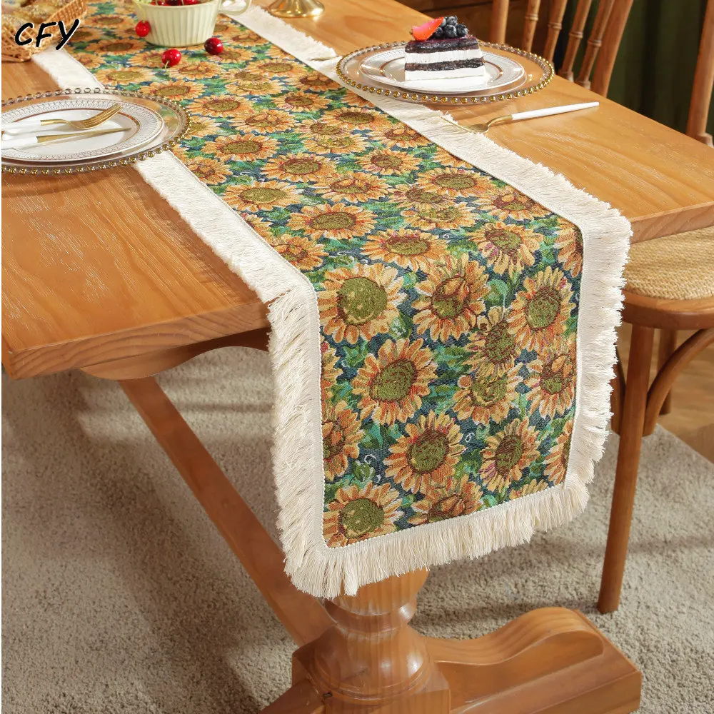 

Cotton Linen American Sunflower Table Runner with Thick Tassel Table Runner Long for Party Dining Table Decoration