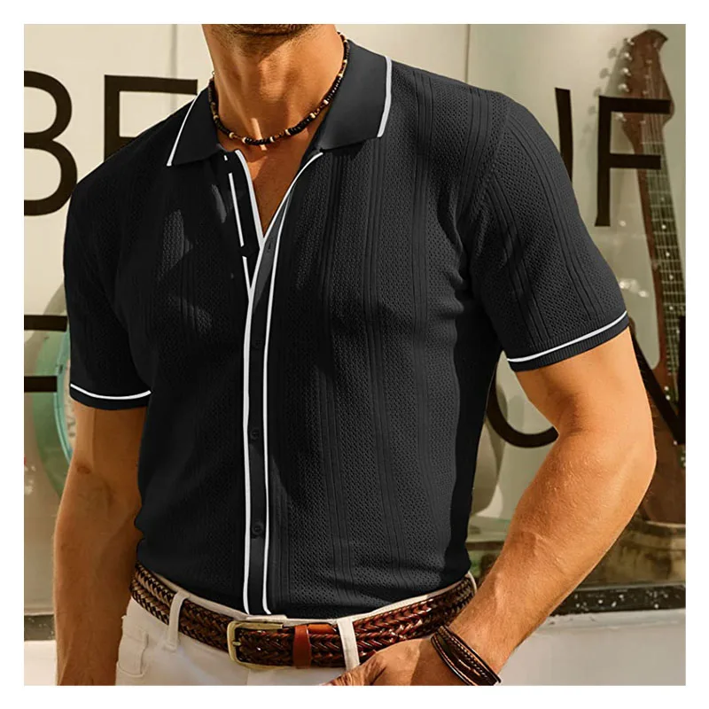 Summer Ice Silk Men Hollow Polo Shirt Breathable Soft Knit Shirt Top Men's Short-sleeved Tee Fashion Color Contrast Men's Shirt 3