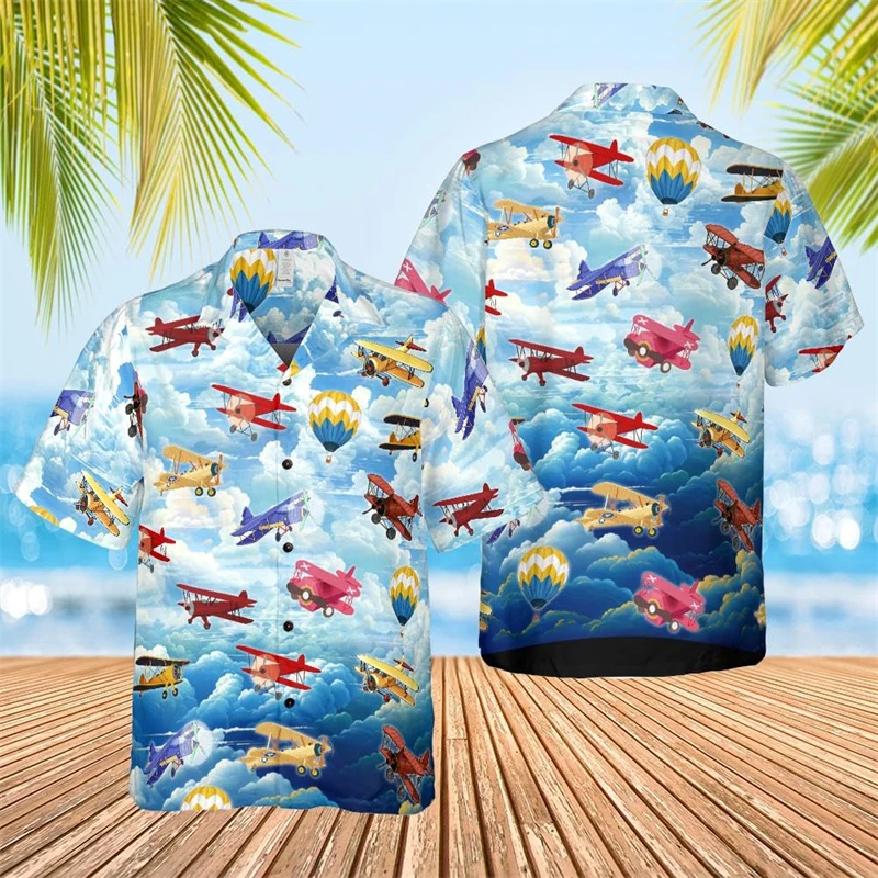 

Vintage Airplane 3D Print Shirts For Men Clothes Cartoon Hot Air Balloon Graphic Blouses Harajuku Fashion Short Sleeve Boy Tops