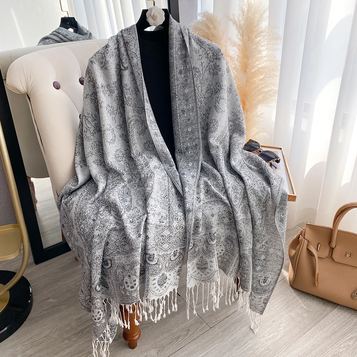 Winter Women's Faux Cashmere Plaid Scarf - Thick Tasseled Printed Pashmina Shawl Wrap, Cozy Neckerchief & Bandana