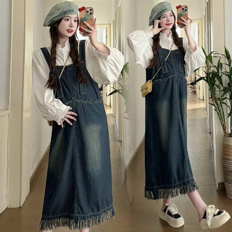 Maternity Denim Vest Dress Shirt Base Set Korean Style Spring Autumn Real Shot Pregnant Women Clothing Set Baby Clothes