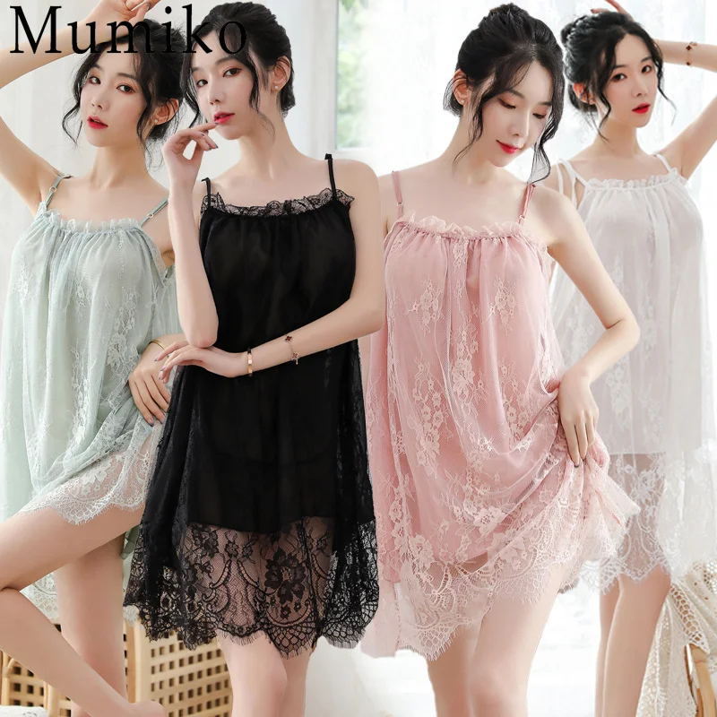 

Large Size Lace Gauze Sleeping Dress Temptation White Sexy Suspender Nightdress Fairy Backless Tulle Perspective Nightdress