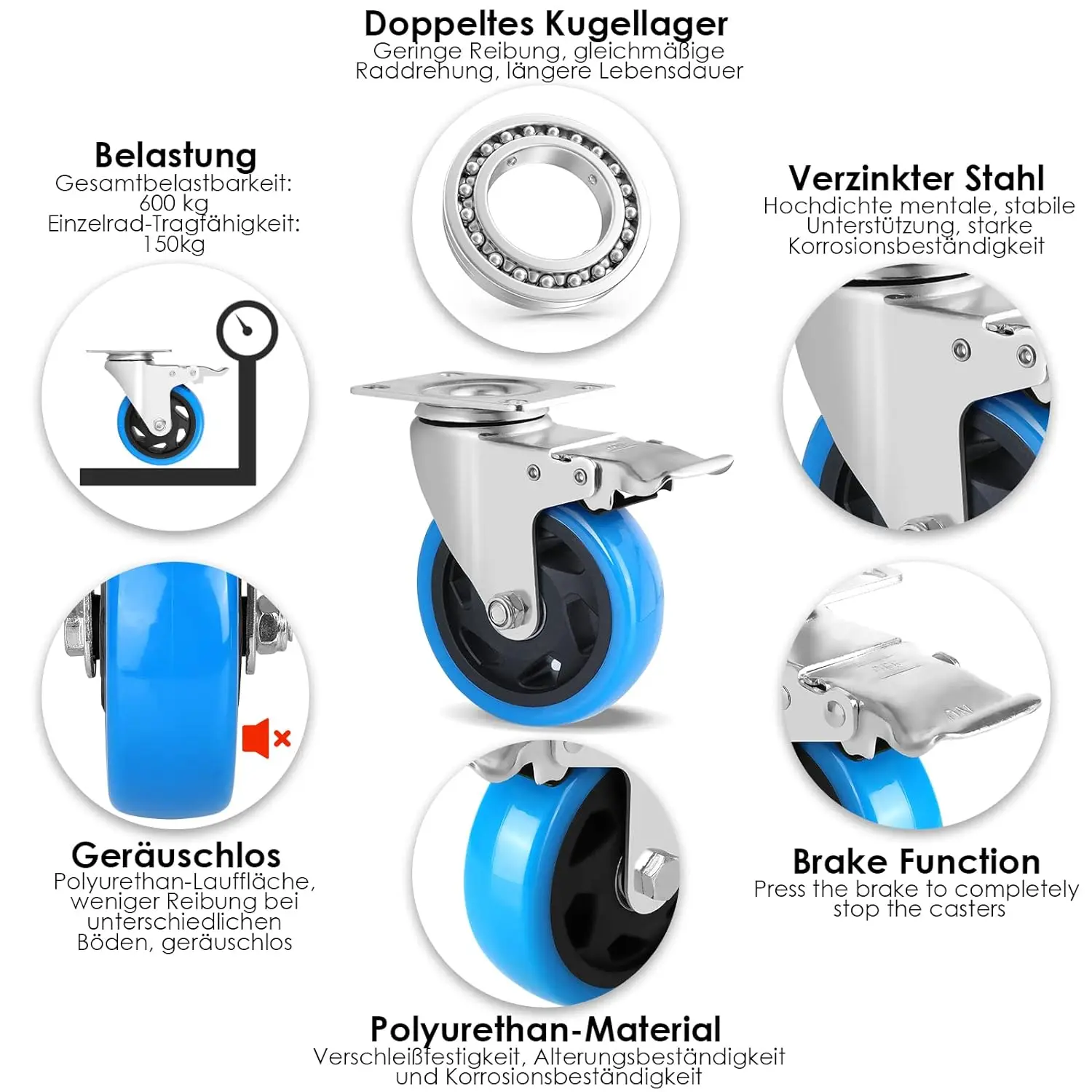 Ruote Industriali 100mm Con Freno – Carico Max 600kg, Girevoli 360°, Con Kit Di Montaggio, Per Mobili E Attrezzature, Silenziose E Antigraffio