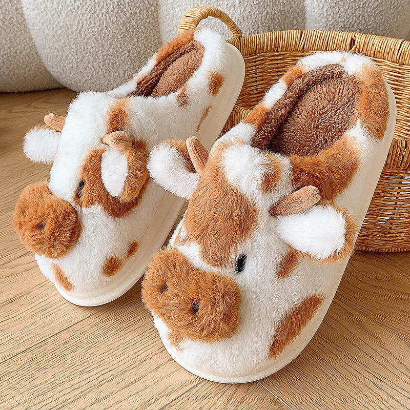 Casual Fluffy Slippers Women House Cute Cartoon Cow Designer Shoes Girl Flat Fashion Elegant Plush Winter Platform Footwear Home — view 4