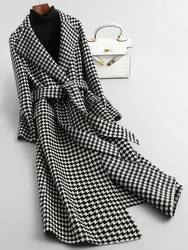Vintage Ladies Coat Fashion Houndstooth Belt Coat Women's Long Over Knee Tartan Coat Autumn Winter Coats and Jackets Women 2022