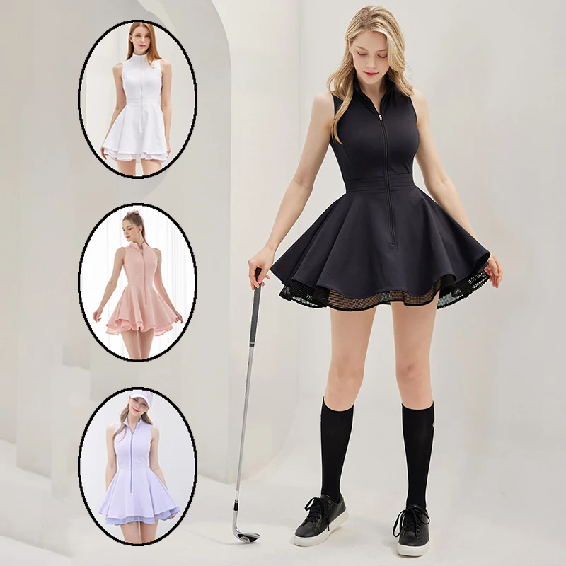 New Summer Women Tennis Polo Dress Zipper Collar Slim Golf Tennis Dress  Lady Sleeveless Lace Ruffle Golf Skirts with Inner Short - AliExpress  201768104