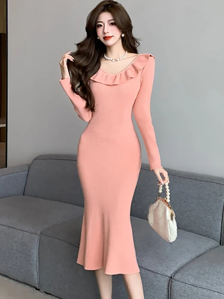 

Женское трикотажное платье-русалка, розовое облегающее платье в Корейском стиле с оборками на воротнике, элегантная повседневная одежда для осени и зимы, 2023