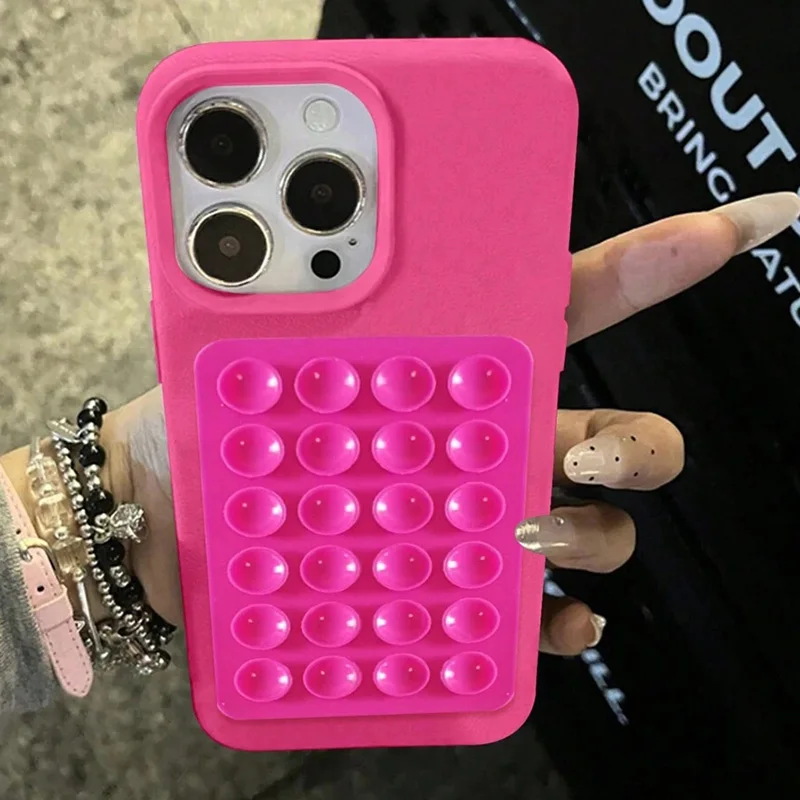 3D Litchi Pattern Shockproof Phone Case with Suction Cup Stand