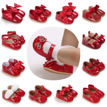 Scarpe basse da principessa con fiocco da ragazza in pelle PU classica rossa con suola in gomma antiscivolo che cammina scarpe eleganti da culla per neonato 0-18M 1