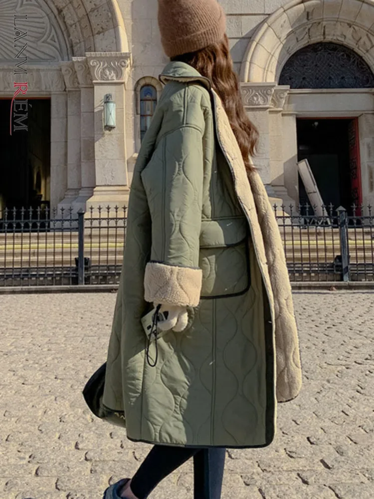 

LANMREM Medium Length Cotton Padded Coats For Women Thickened Winter 2024 New Lamb Wool Lining Overcoat Warm Clothing 2R9475