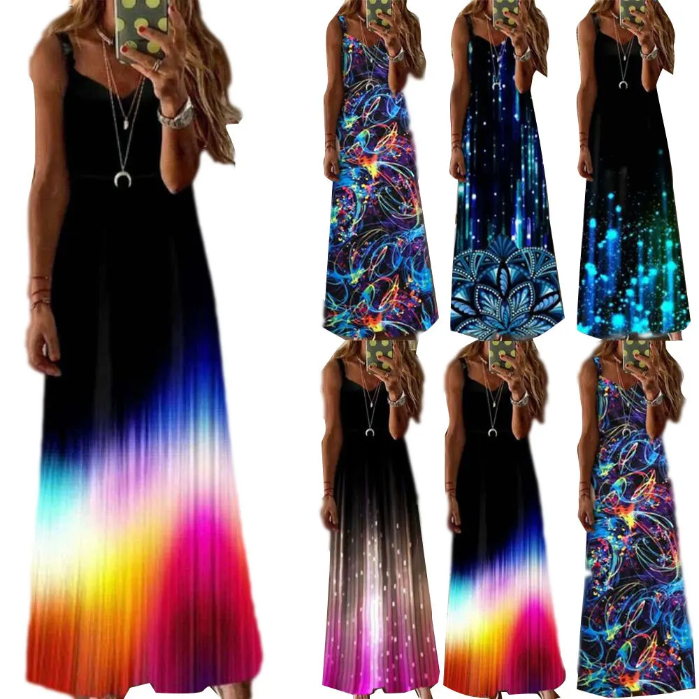 

Summer new sleeveless long skirt five-color luminous print suspender dress