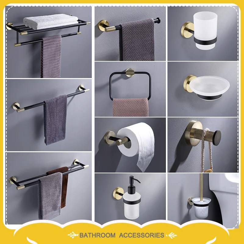 

Brushed Gold Black Bathroom Hardware Set Bathroom Accessories Coat Hook Towel Rack Paper Towel Rack Soap Pot Toothbrush Holder