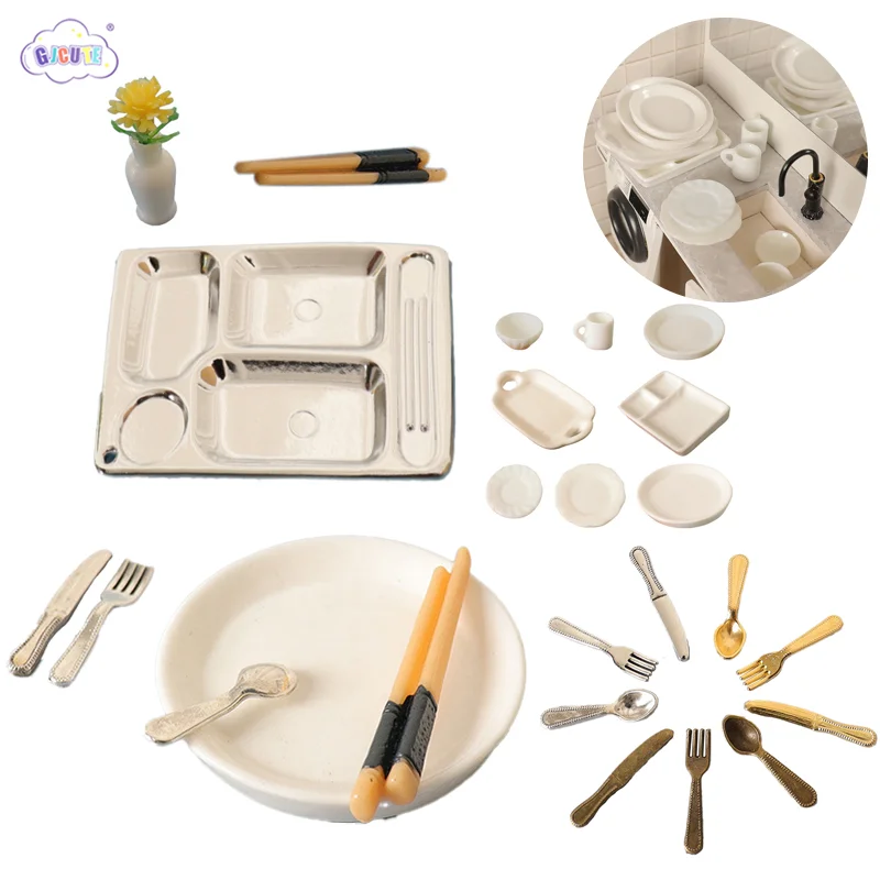 

1set Dollhouse Cutlery Tableware Simulation Knife Fork Soup Spoon Vase Model Toys DIY Dolls House Kitchen Scene Decor