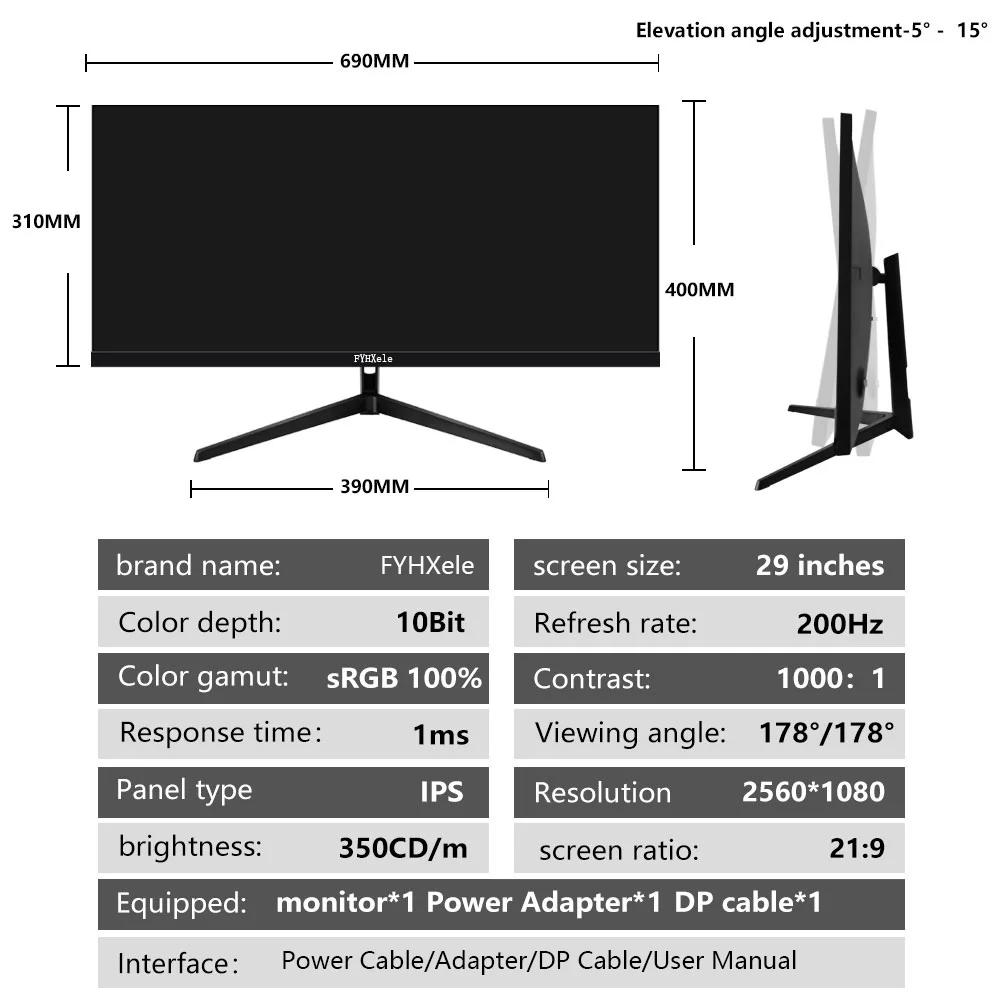 FYHXele 29 Inch Monitor 200Hz Wide Display 21:9 IPS WQHD Desktop LED Gamer Computer Screen Not Curved DP/2560*1080 15 Sc1763bc8d9cc4565beda78f2918761e2r