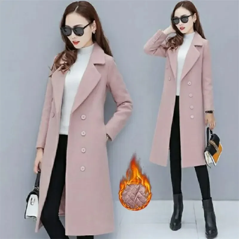 

Female Woolen Coat Velvet 2023Women's Double-Breasted Woolen Coat Spring And Autumn Woolen Coat Fashion Suit Collar ThickTrench
