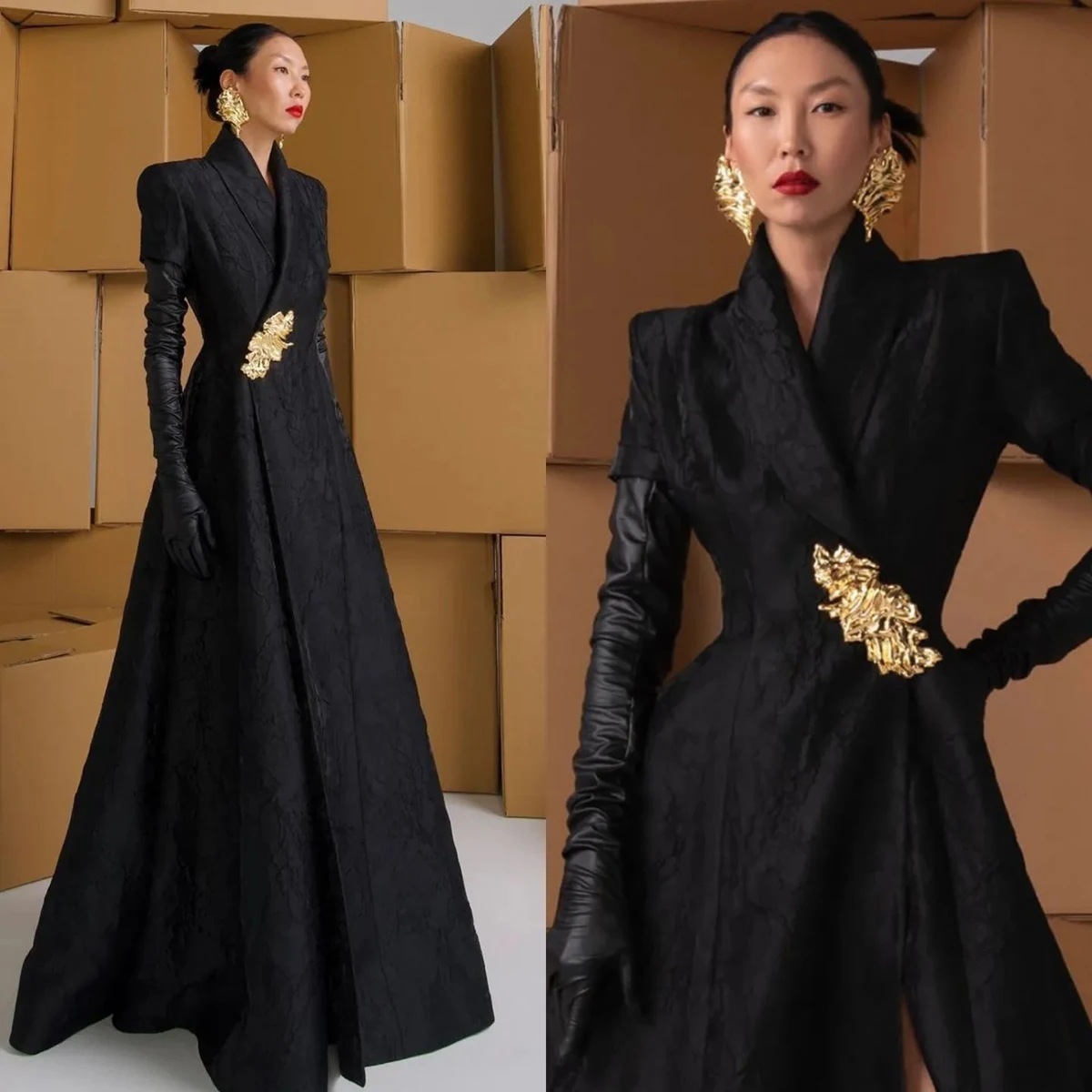 

Elegant Women Long Blazer Floral Jacquard Tuxedos Shawl Lapel Lady Slim Fit Floor Length Coat Custom Made Only Jacket
