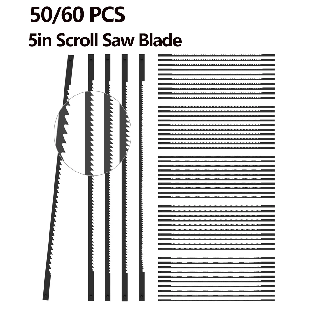 50/60Pcs 5inch Scroll Saw Blade High Carbon Steel Pin End Compatible with 3921 3922 3923 SK5 Woodworking Metal Cutting Saw Blade