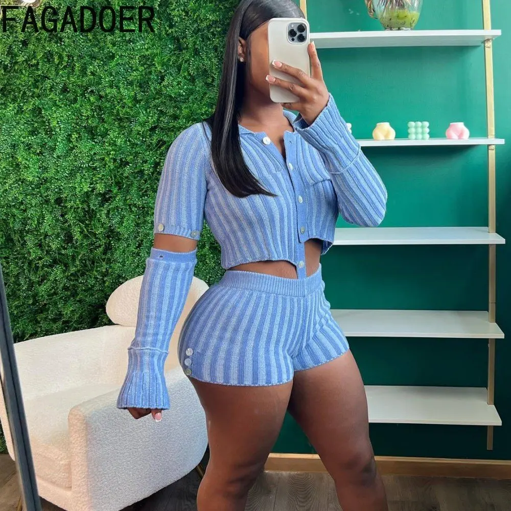 FAGADOER Casual Knitted Stripe Printing Two Piece Sets Women Button Long Sleeve Crop Top And Shorts Outfits Female 2pcs Suits