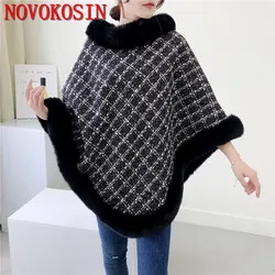 5 Color Autumn O Neck Fur Velet Poncho Fashion Plaid Cape Faux Fox Fur Out Street Wear Cloak Women Triangle Warm Thick Pullovers