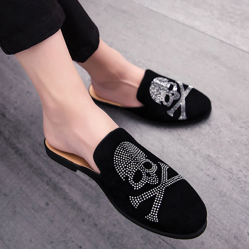 

Skull Rhinestone Summer Half Shoes for Men 2023 Mules Male Slides Leather Casual Shoes Backless Loafers Mens Driving Shoes